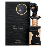 Zwart en goud Lattafa His Confession parfumfles en doos voor Lattafa His